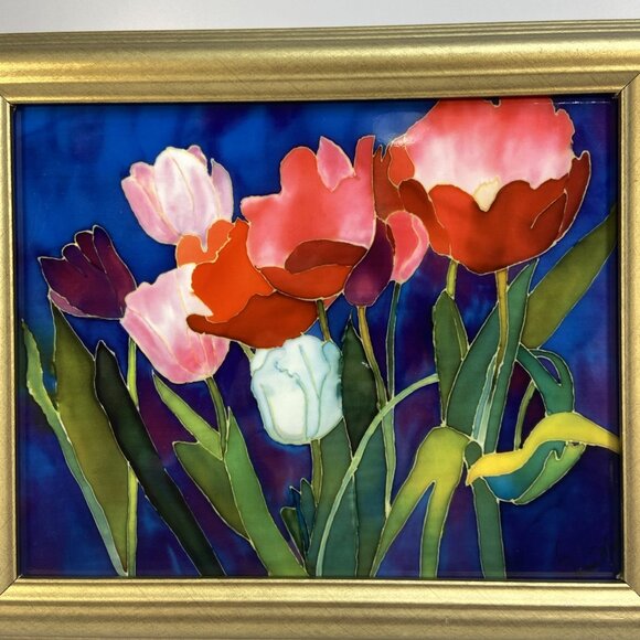 Vtg Red Tulip Ceramic Tile 8x10 Framed Home Decor Wall Art Floral Art Nouveau - Picture 2 of 7